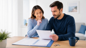 Casal a organizar uma lista de verificação antes de mudar o seguro de vida do crédito habitação
